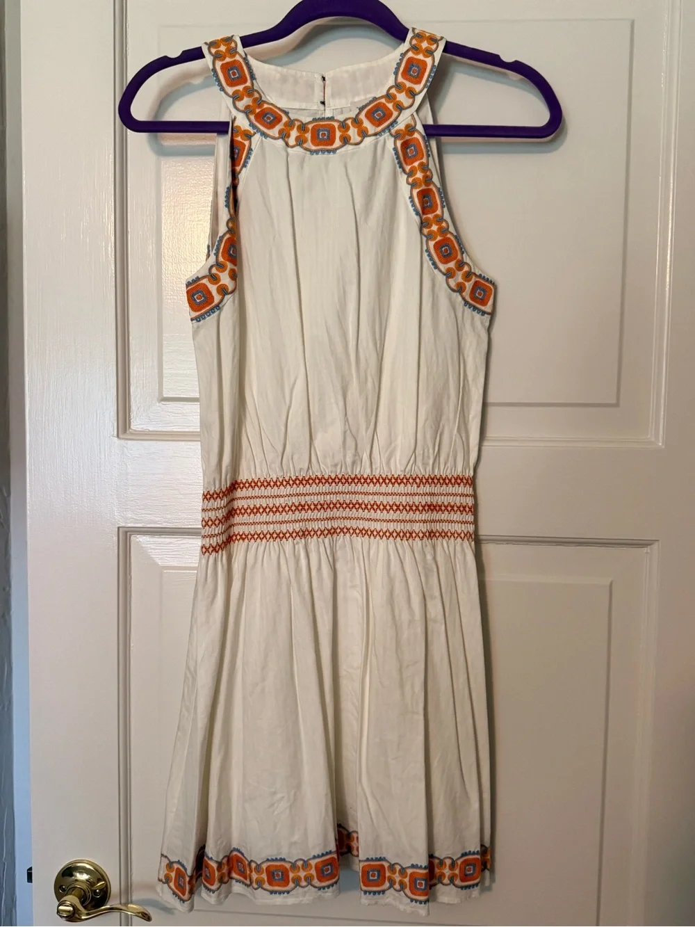 Tory Burch White Sleeveless Dress with Orange and Light Blue Embroidery